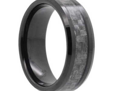 8MM Carbon Fiber Inlay Black Tungsten Wedding Band  "Norwich"