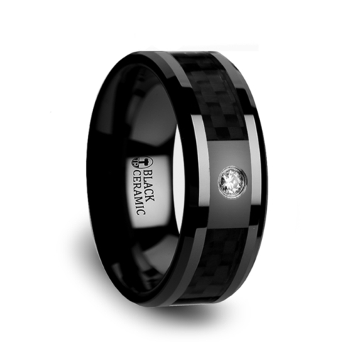 Black Ceramic Rings - Carbon Fiber with Diamond "Black Aliant"