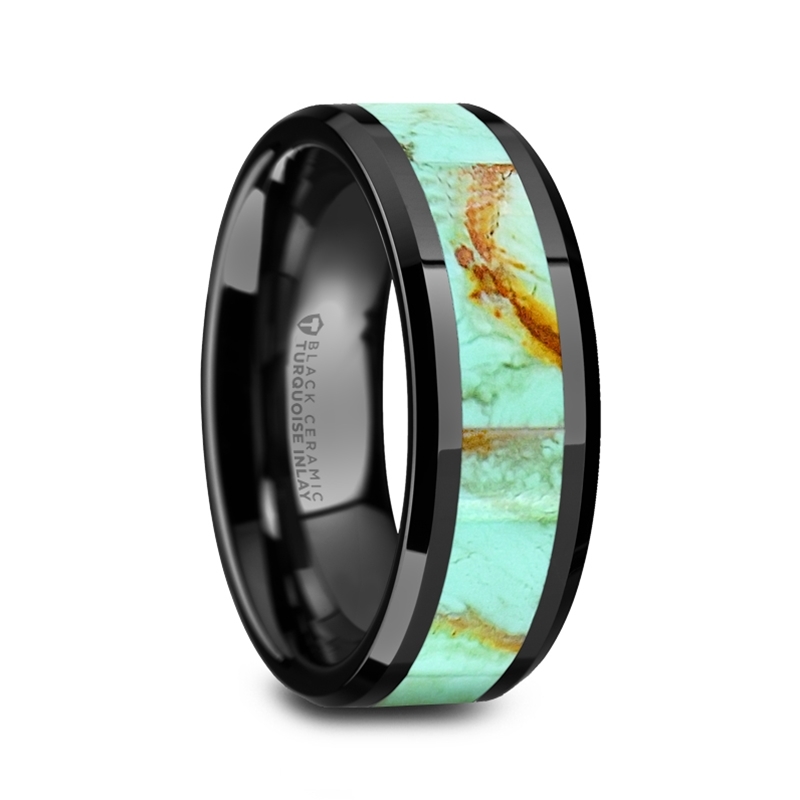 8 mm Black Ceramic Rings - Blue Turquoise Inlay "Pastel"