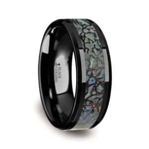 8 mm Black Ceramic Rings - Blue Dinosaur Bone Inlay "Caen"