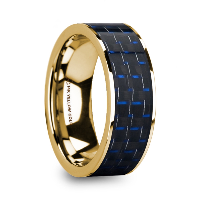9mm Comfort Fit Mens Brushed Blue Titanium Wedding Bands Ring with Black and Yellow Carbon Fiber Inlay 