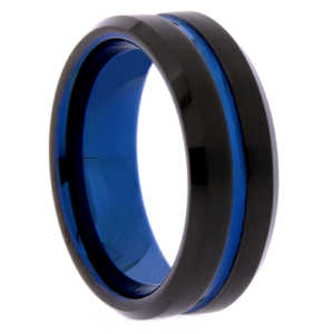 8 mm Matte Black Tungsten & Blue Sleeve/Groove "Blue Lagoon"