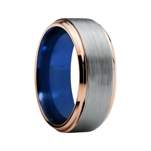 8 mm Tungsten Rings - Gold Step Edges and Blue Sleeve Design "Champagne"
