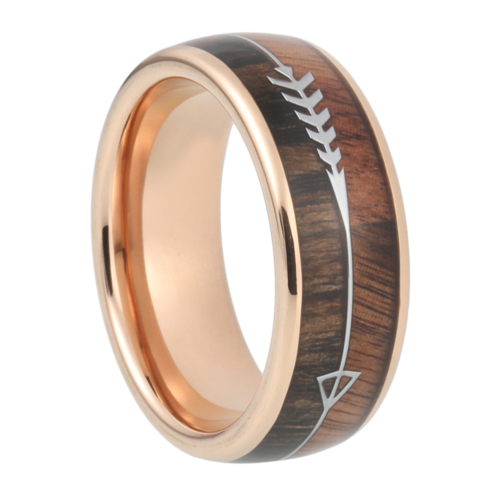 8 mm Tungsten Rings - Arrow Design with KOA/Zebra Wood Inlay and Rose Gold Sleeve "Arrow"