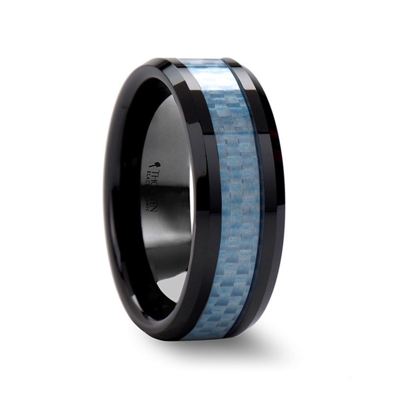 8 mm Black Ceramic Rings/Blue Carbon Fiber 